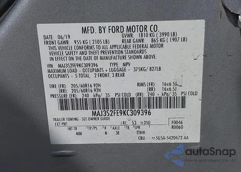 2019 Ford Ecosport S из США, поврежденный, VIN MAJ3S2FE9KC309396